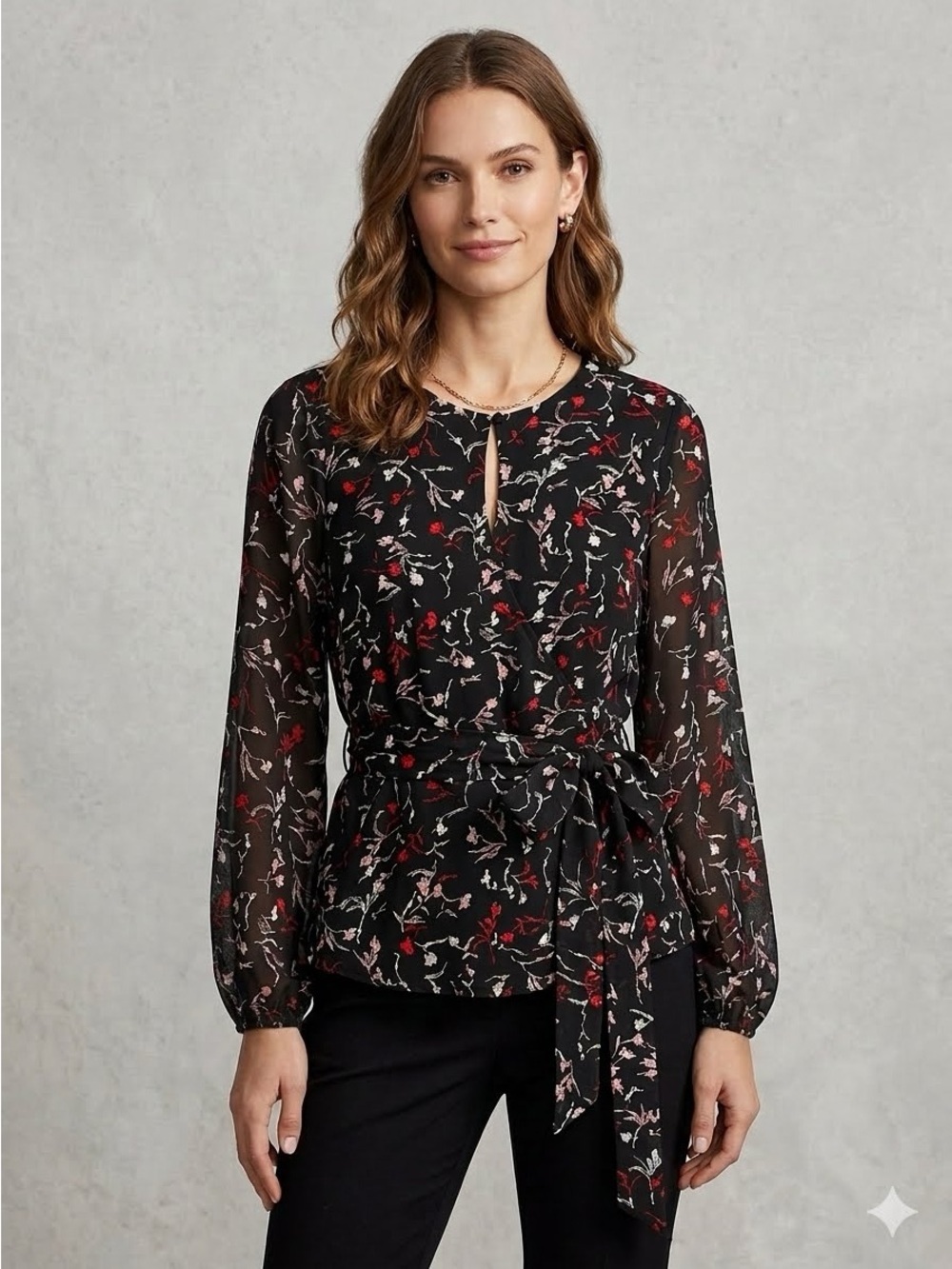 White House Black Market Black Blouse with Red and Cream Floral Print Size S